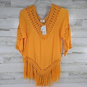 WOWO ORANGE crochet-style beach cover-up with a V-neckline and fringe hem LARGE